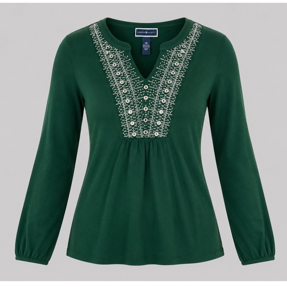 Karen Scott Green Embroidered Peasant Tunic Top XS Boho Cottagecore NWT